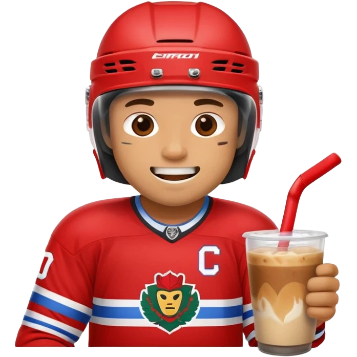 hockey player wearing red drinking an iced coffee wearing a helmet with missing teeth   emoji