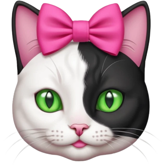 A black and white cat head with green eyes she has a hot pink bow on her head  emoji
