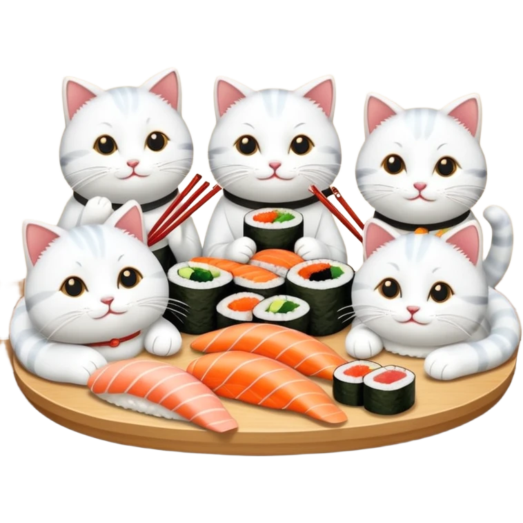 four happy cats having sushi dinner together emoji