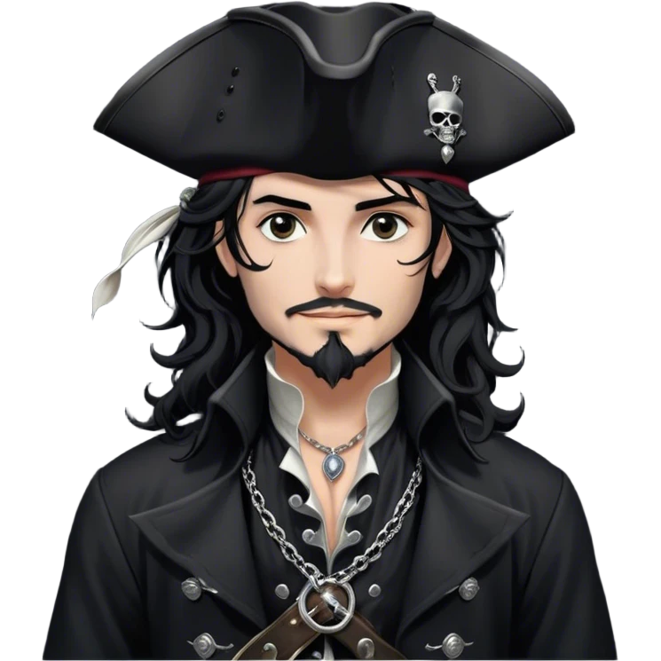 A charismatic pirate with wavy black hair tousled. His black tricorn hat, embroidered with silver, casts a shadow over his confident features. Dark eyes glint with mischief as he gazes to the side, a knowing smile on his lips. His fitted black coat, adorned with silver buttons. A silver chain dangles from his belt emoji