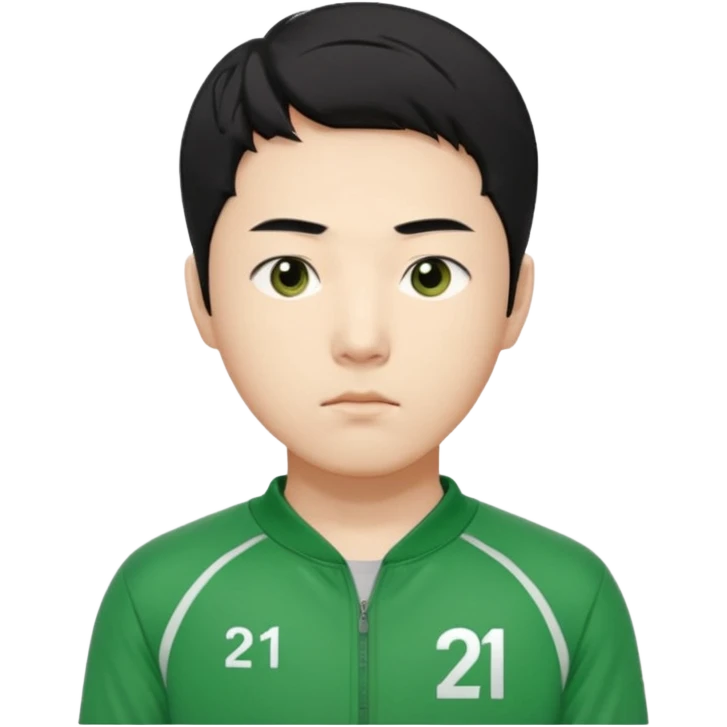 "Illustrate Cho Sang-woo (Player 218), Korean male, neat black hair, serious face, green tracksuit with number 218 bold on chest & sleeve.. emoji
