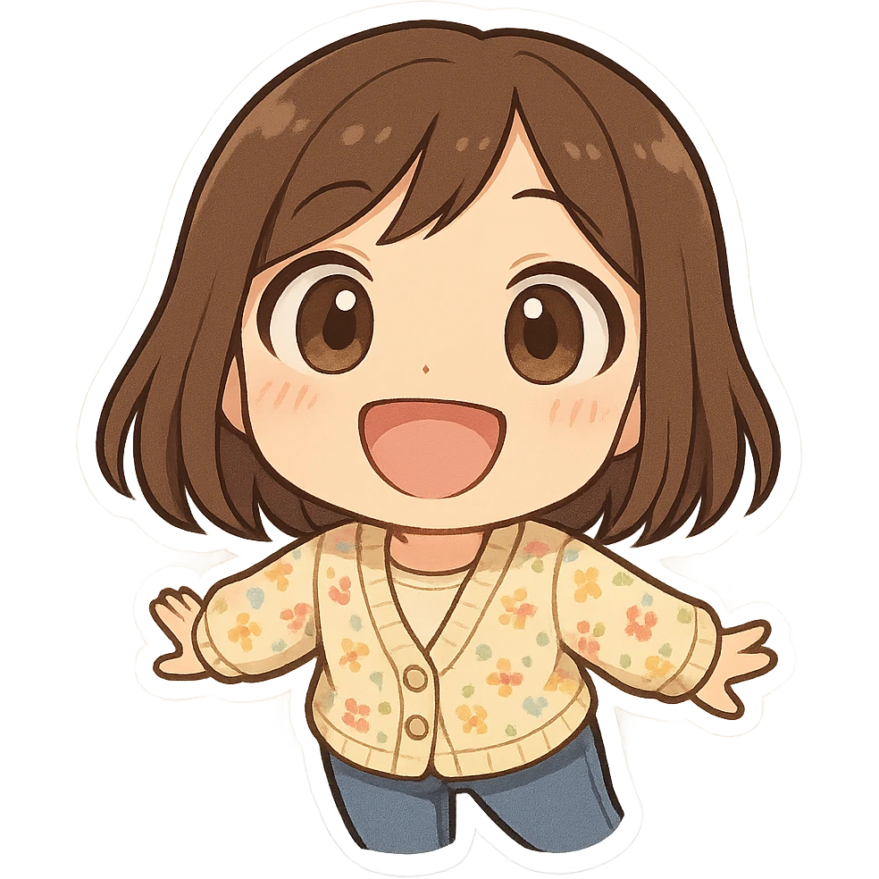 chibi sticker of a girl with brown straight hair and brown eyes, wearing a pastel floral cardigan and jeans, wide fish-eye smile close to the camera, white outline, transparent background, 512x512px emoji