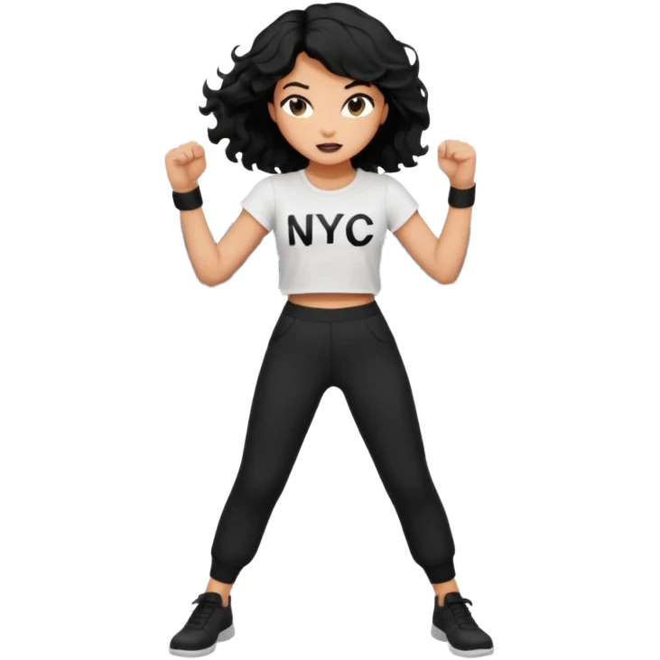 Make a girl with black wavy hair wearing a white top that says NYC in black writing and just black pants and make her punch emoji
