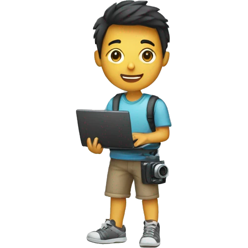 A boy having camera in one hand and laptop in other emoji