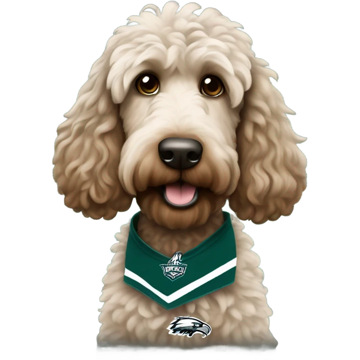 brownish Labradoodle wearing a Philadelphia eagles shirt emoji