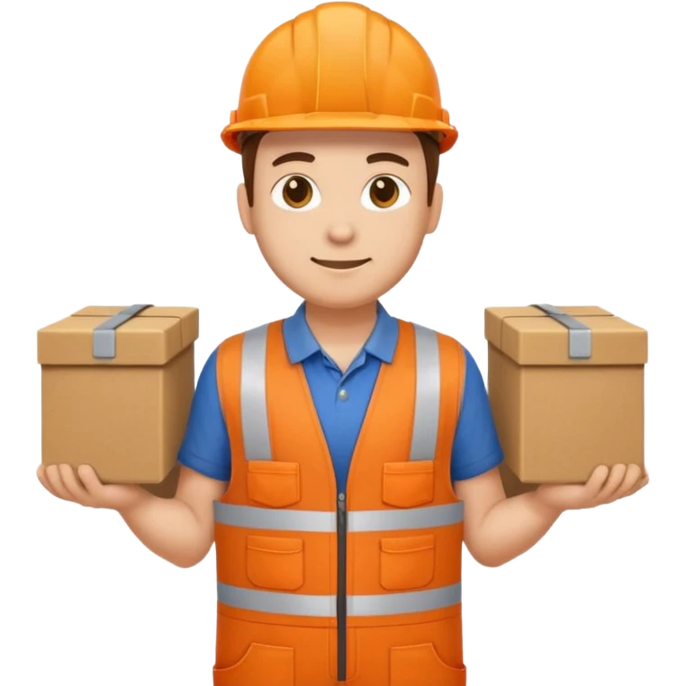 emoji style railway engineer full body in orange overalls, carrying a box with both hands emoji