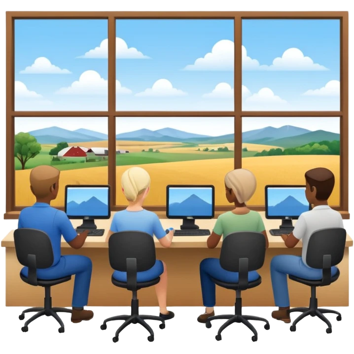 Employees of a startup company working on their computers while looking out the window at the rural landscape.  emoji