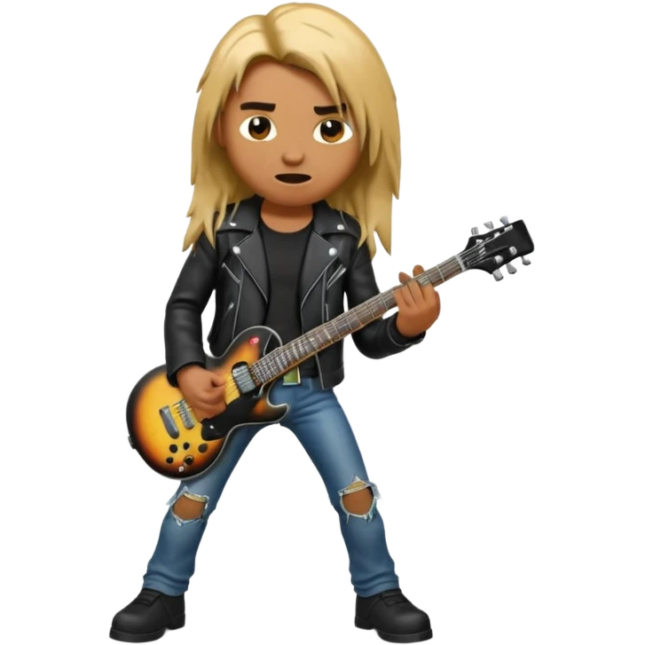 3D Apple-style emoji of a metal musician. Long hair, black leather jacket, ripped jeans, holding an electric guitar. Intense expression, glossy, rounded, smooth, soft shadows, white background.










 emoji