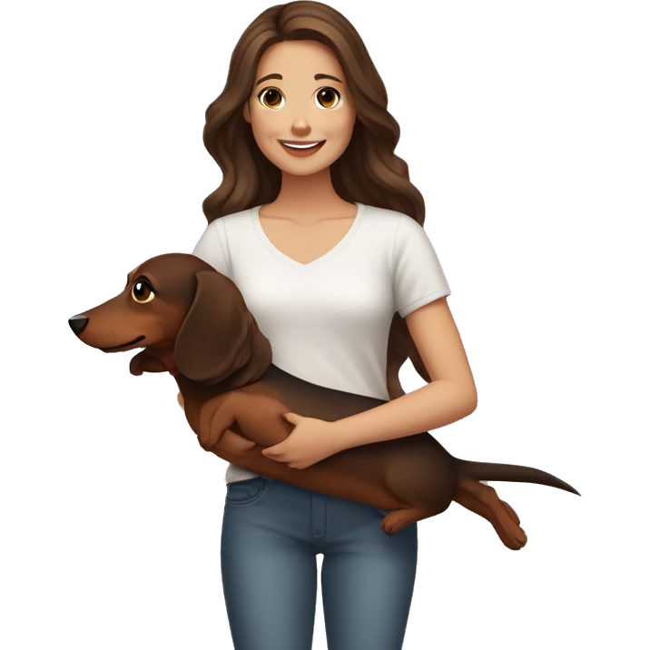 Girl long wavy brown hair smiling and brown eyes with long eyelashes and holding a dachshund  in her arms emoji