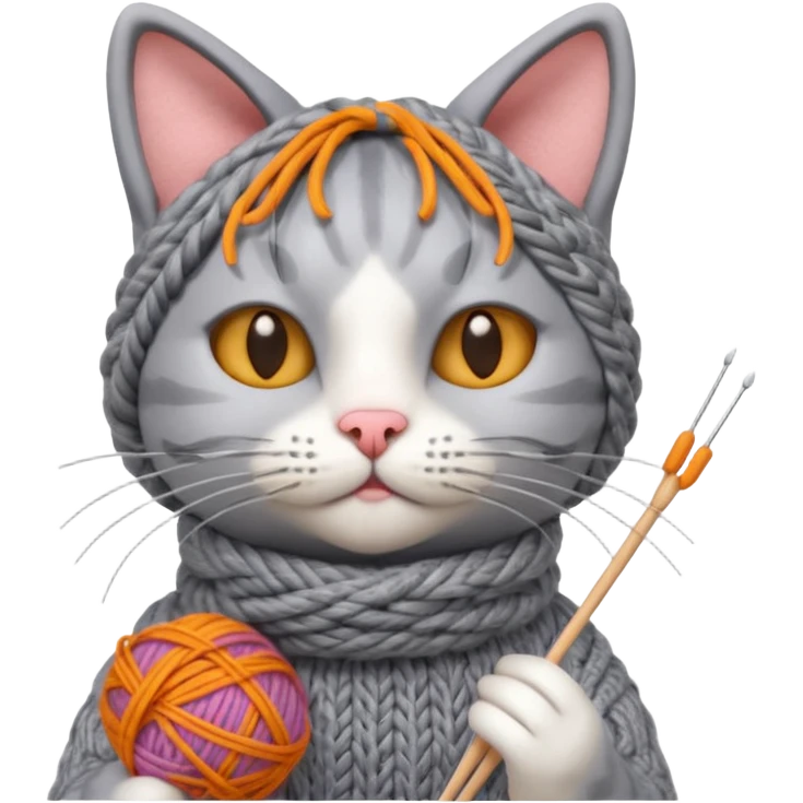 knitting cat portrait, head and shoulders only, cute cat holding knitting needles and yarn, cozy expression, warm handmade vibe, 3D cartoon style, mobile game icon style, clean background, no text, no watermark
 emoji