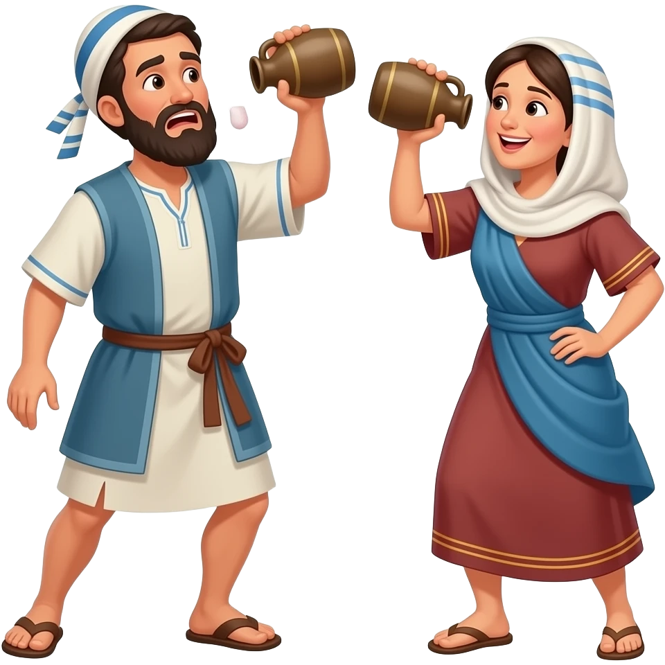 Hebrew men and women from ancient biblical times with a drunk look on their faces dancing, drinking jugs of wine emoji