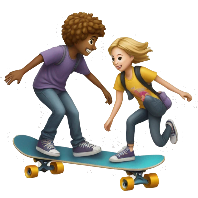 A young person on a skateboard is pushed by another emoji