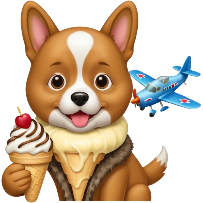 Dog eating an ice cream and flying a plane emoji