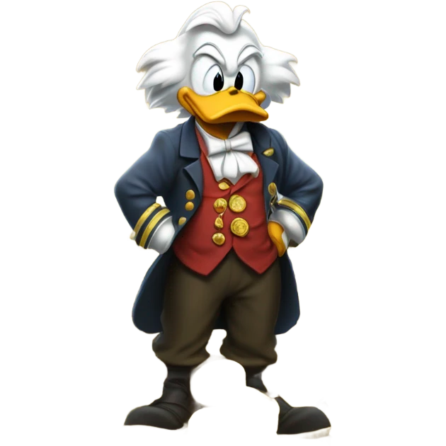 a slim successful looking scrooge mcduck standing atop a pile of money emoji