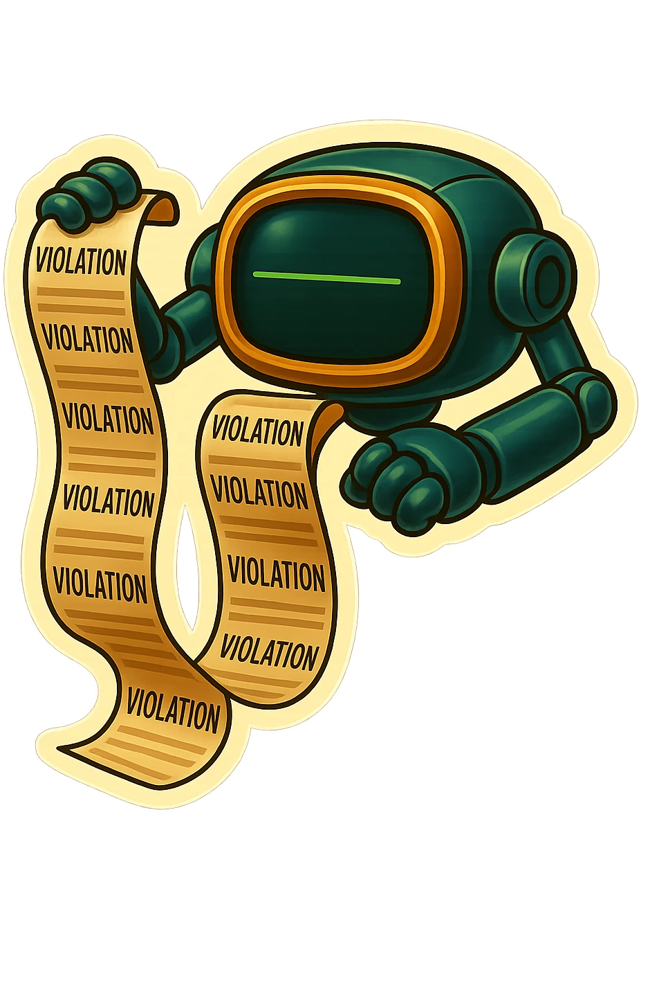 auditor robot prints out violations from a slot.  no legs. the robot hovers emoji