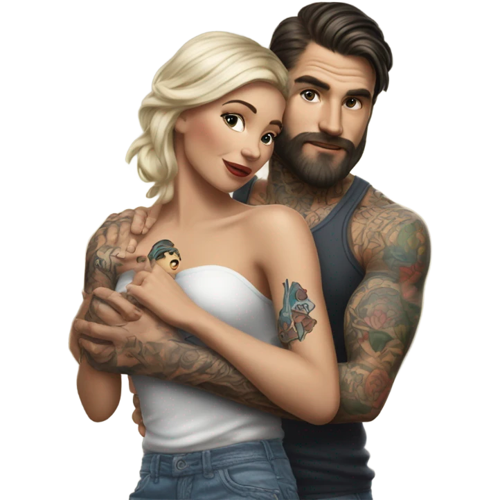 Hyper Realistic beautiful woman in the arms of a very handsome tattooed man playing  emoji