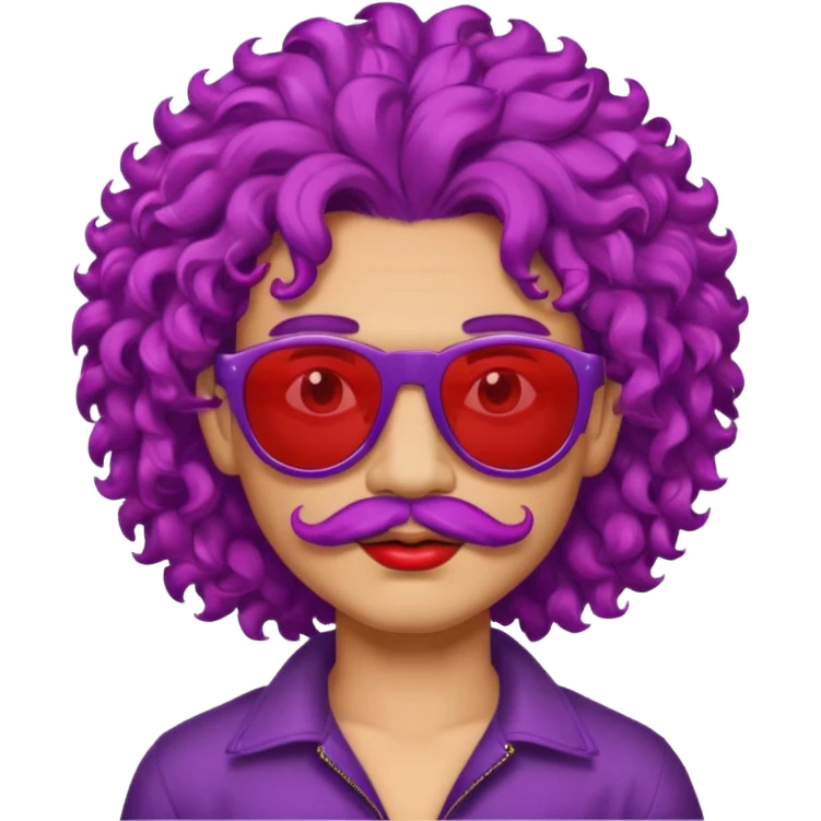 purple haired, curly big haired mexican boy with red sunglassess, vrey cool and lipstick and mstache emoji
