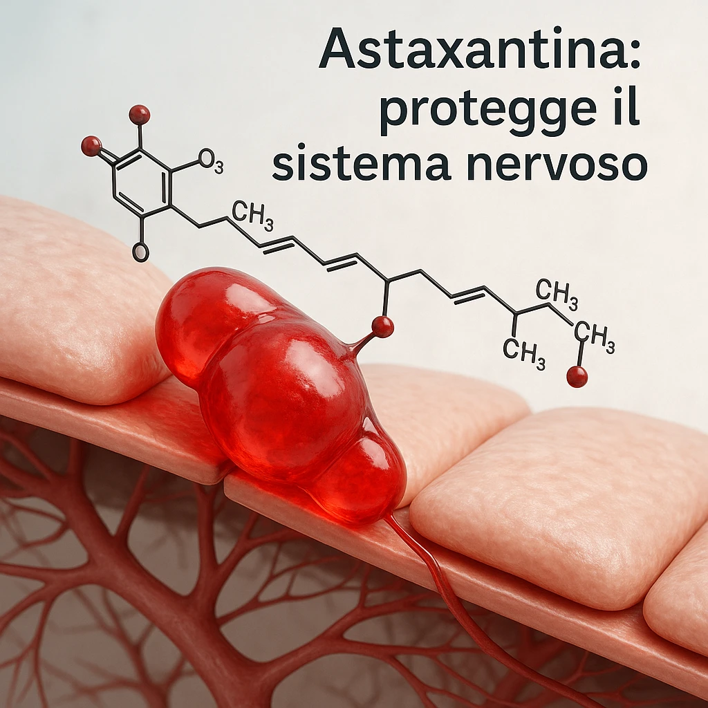 hyper realistic red astaxanthin molecule highlighted crossing a stylized blood-brain barrier, clinical atmosphere, light background, with text 'Astaxantina: protegge il sistema nervoso' emoji