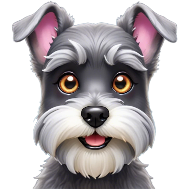 Cinematic Comical Miniature Schnauzer Portrait Emoji, Head tilted dramatically with a comically shocked expression and large, animated eyes, featuring a sharply defined salt-and-pepper fur with exaggerated, humorous eyebrows, simplified yet hilariously detailed, glowing with a bold, playful radiance, high shine, exuding a spirited and cheeky charm, styled with a soft glowing outline, capturing the essence of a Miniature Schnauzer that appears ready to dash into a burst of comic energy! emoji