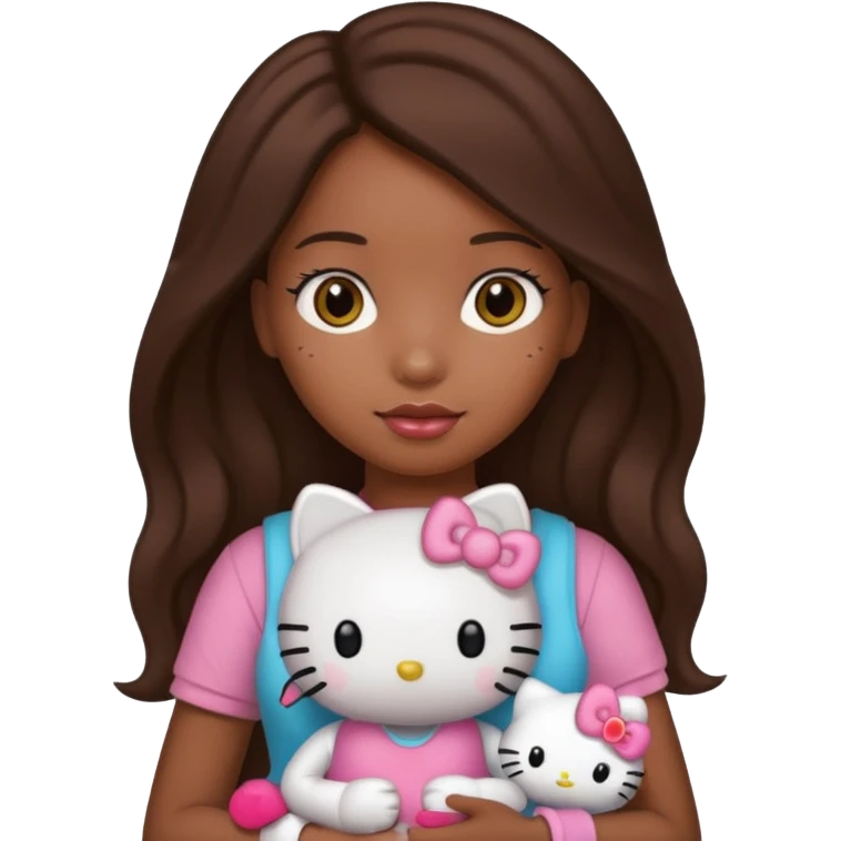 black girl with long brown hair, holding a hello kitty plushie  emoji