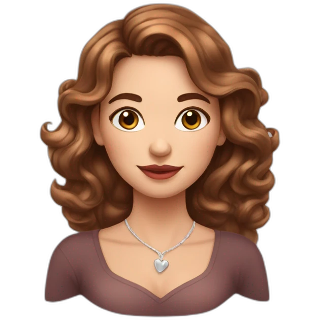 white beautiful woman, brown wavy hair, shows heart by two hands, long earrings emoji
