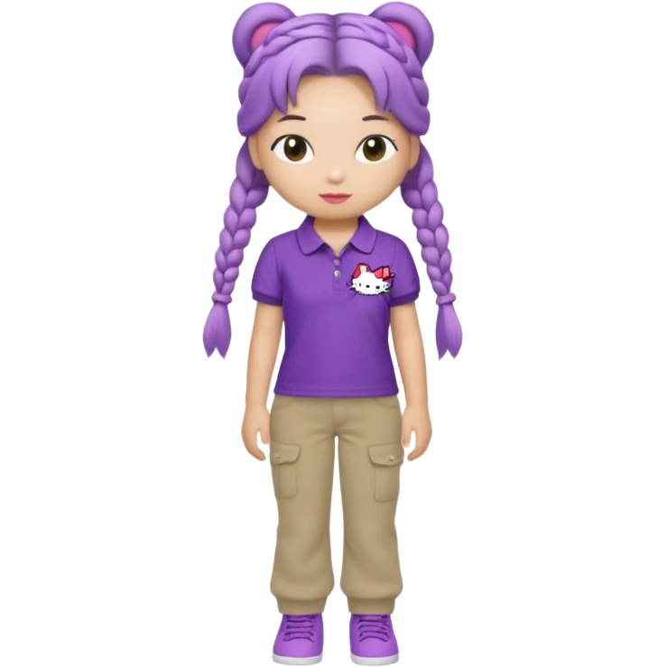hello kitty wearing purple polo shirt and kyaki pants with long fishtail braids baddie with 2025 efect emoji