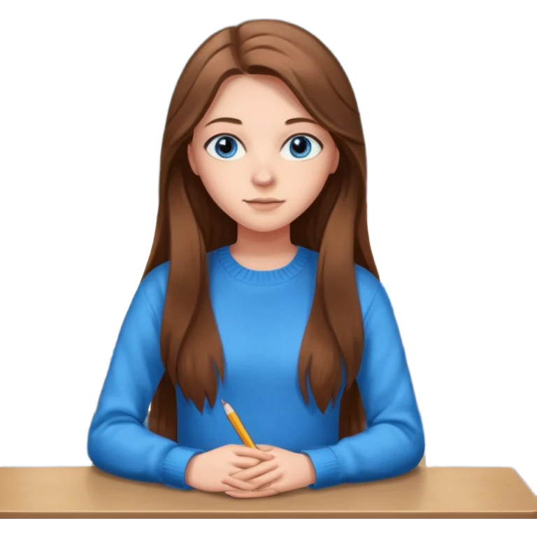high school class room with a pretty female high school student with long brown hair, blue eyes emoji