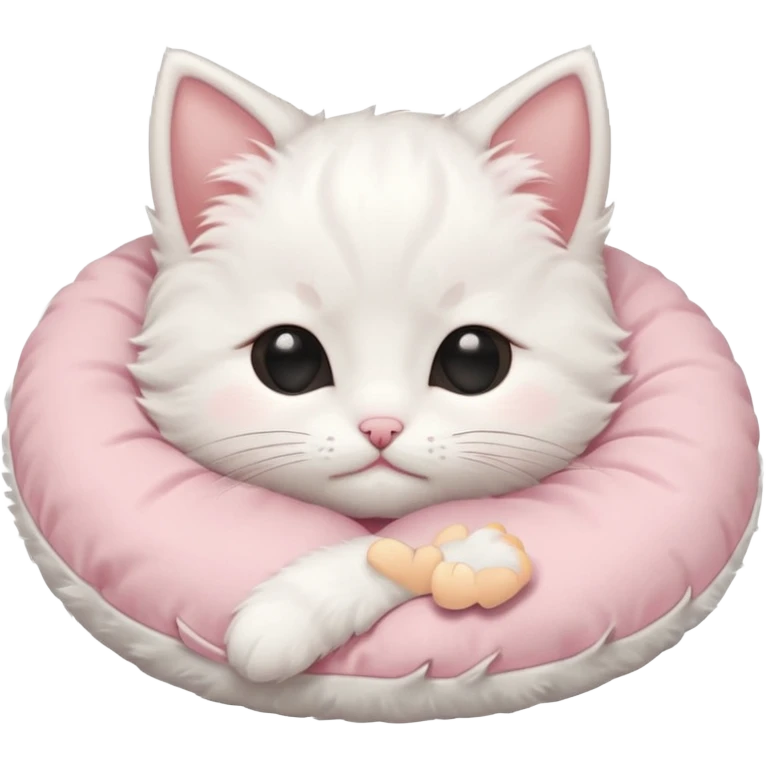 white fluffy kitten, blushing, cuddling a pillow, eyes shut in > < shape emoji