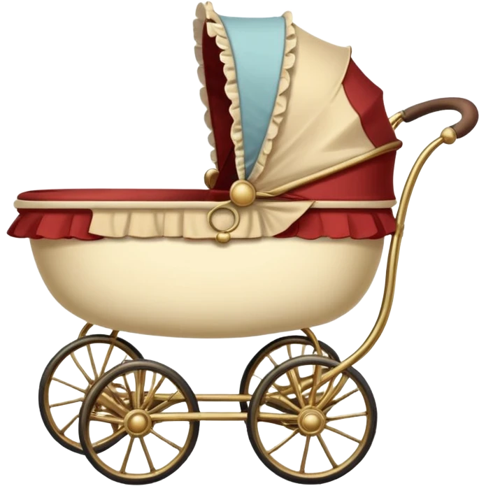 An antique baby stoller with bis wire wheels and a ruffeled bonnet emoji
