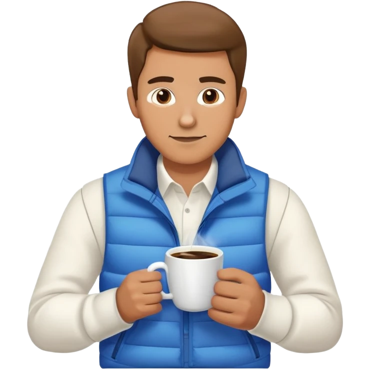 man wearing long sleeve white shirt with blue puffy winter vest holding a cup of coffee in front of him emoji