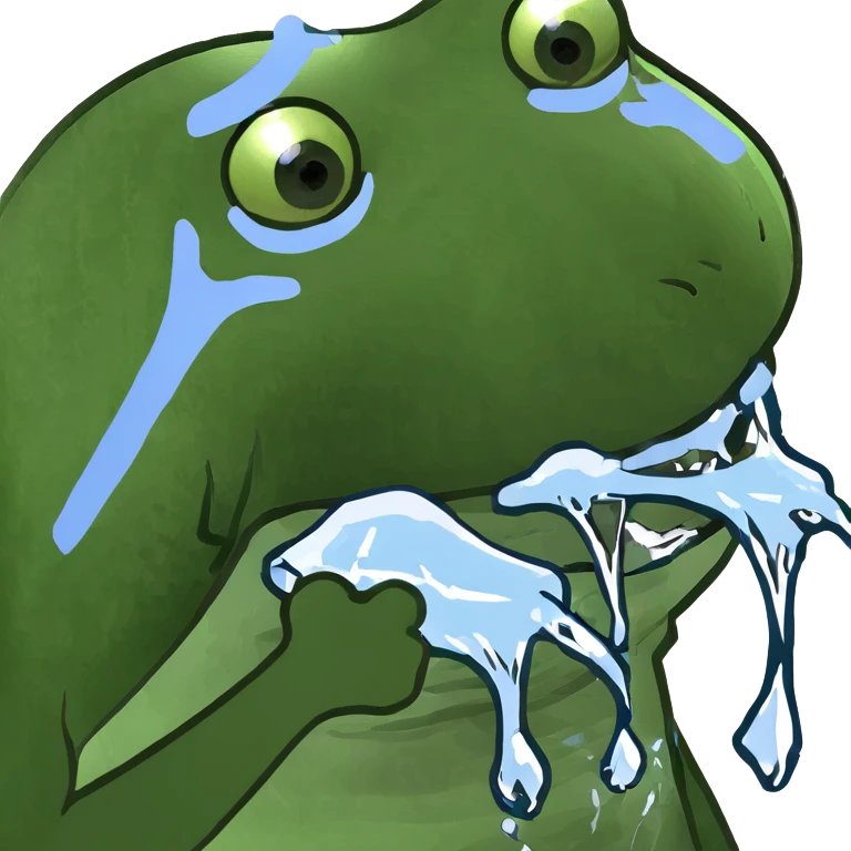 Green frog with blue tint, freezing, teeth chattering, with icicles emoji
