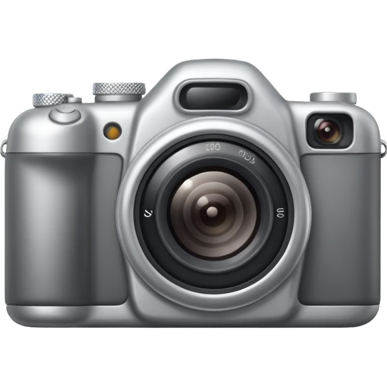 A minimalistic emoji of a camera in Apple iPhone emoji style. Flat design, smooth gradients, rounded edges, soft shadows, high resolution, clean and simple look. Neutral gray and black tones with a blue lens reflection. White background, no text emoji