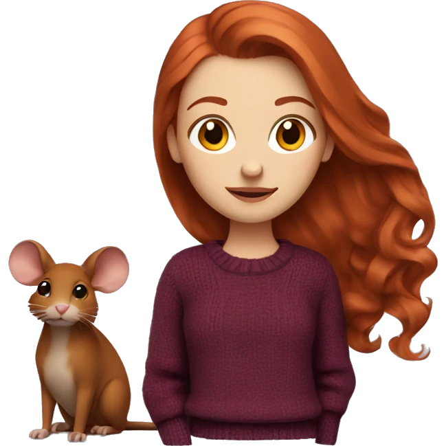 redhead girl with long hair and Dyson styling in a burgundy sweater and a rat on her shoulder emoji