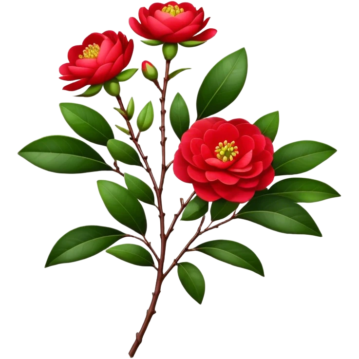 bouquet Red Camellia, luxuriant, stem, leaf, bud emoji