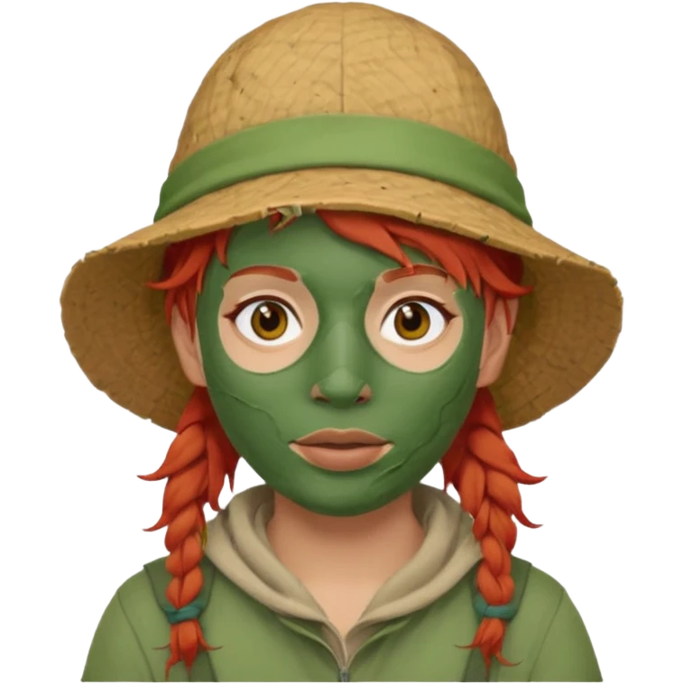 messy green full face clay mask and tourist hat red hair  emoji