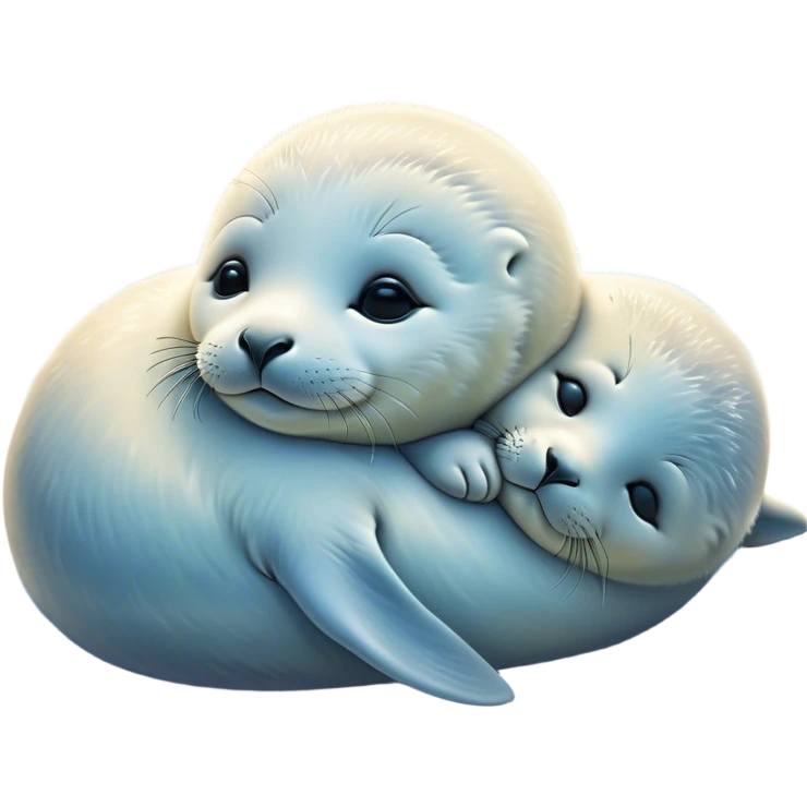 Beautiful and Majestic Baby Seal Portrait Emoji, Head and body resting serenely with a gentle, content smile, showcasing a soft, cuddly form with tender, glistening fur and eyes peacefully closed in a tranquil slumber, Simplified yet exquisitely endearing features, highly detailed, glowing with a soft, radiant polar light, high shine, serene and utterly lovable, stylized with an air of regal innocence, soft glowing outline, capturing the essence of a beautiful and majestic baby seal that embodies the quiet wonder of arctic serenity! emoji