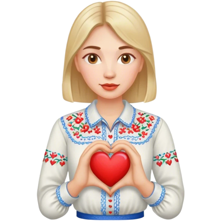 A Ukrainian woman in an embroidered shirt holds a heart in her hands emoji