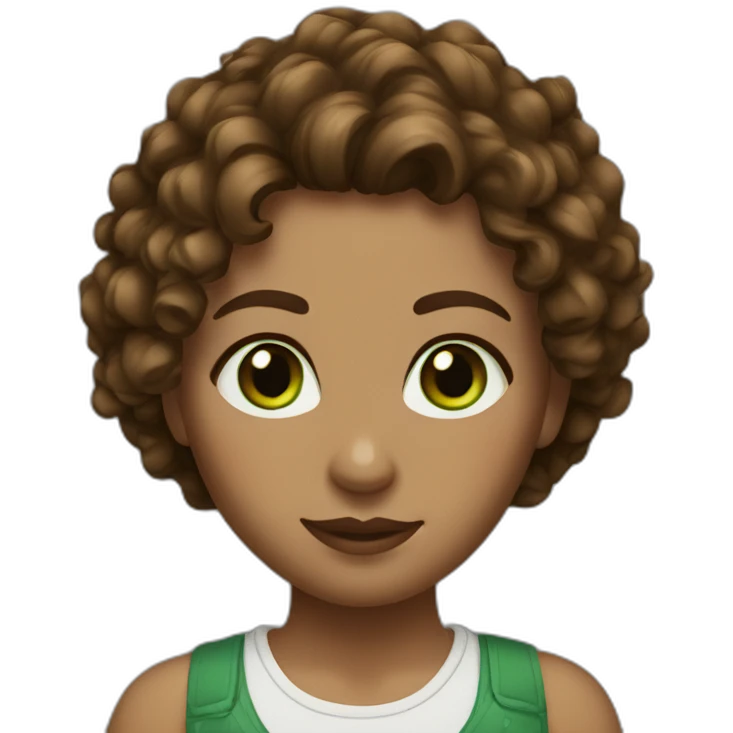 woman with medium brown curly hair and green eyes emoji