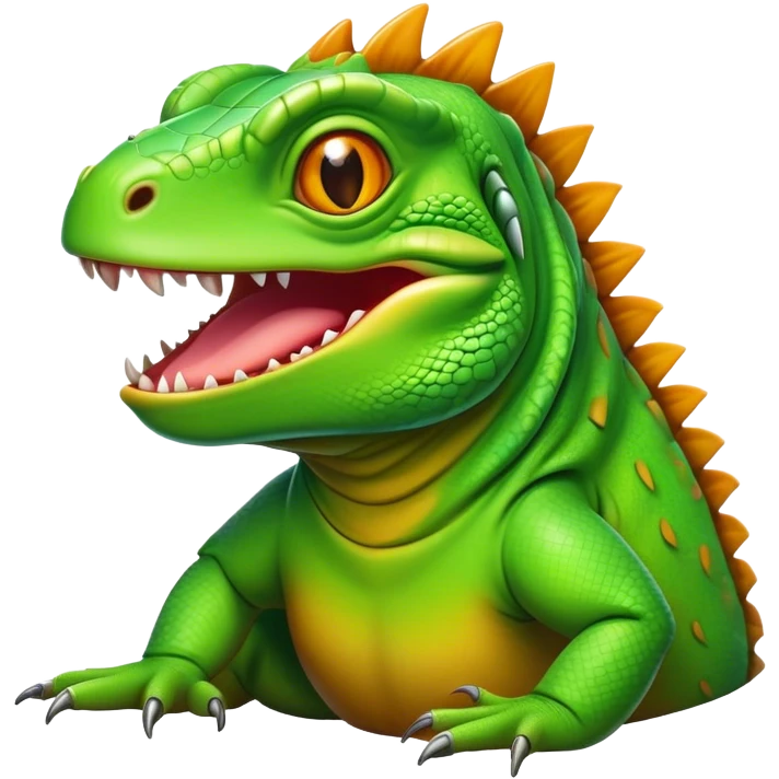 Cinematic Realistic Comical Iguana Portrait Emoji, Head tilted dramatically with an exaggeratedly amused expression, featuring a striking, glossy green-scaled body with bold natural textures and wide, expressive amber eyes brimming with playful disbelief, rendered with lifelike clarity and vibrant hues, high shine, dramatic yet playful, styled with an air of cheeky tropical mischief, soft glowing outline, capturing the essence of a spirited and over‐the‐top iguana that looks ready to charm its way into viral fame! emoji
