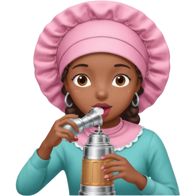 Black girl wearing a bonnet rolling her eyes while drinking out a Stanley  emoji