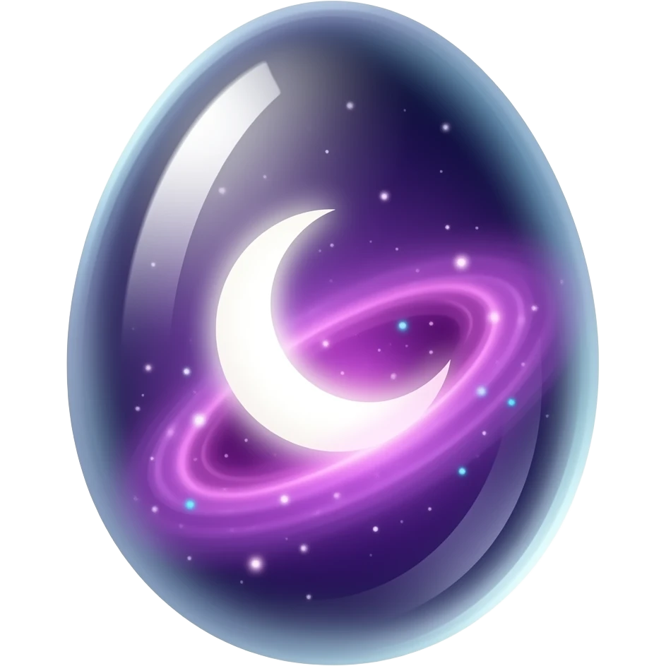 transparent glowing cosmic egg with no visible shell, fully see‑through, containing a swirling purple‑pink nebula and a luminous crecent moon, floating multicolored light orbs inside, isolated object, transparent background emoji