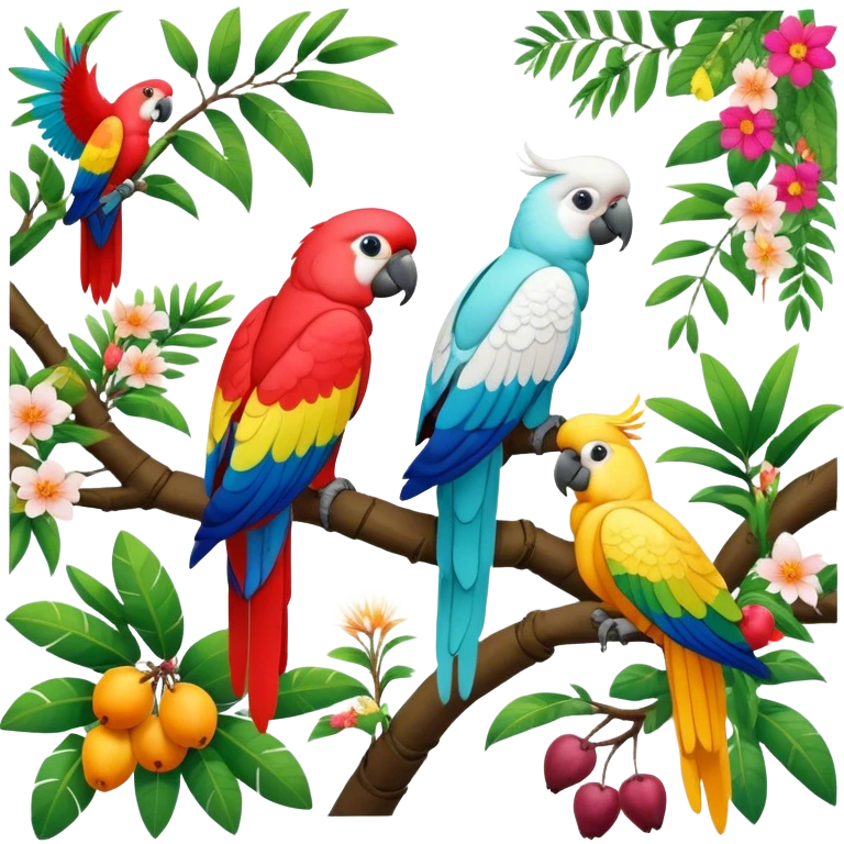 Close-up collage of vibrant Ara parrots and Inca cockatoos sitting on tree branches, surrounded by lush greenery. Bright colors of the birds stand out against a natural, sunny background of trees, flowers and fruits. Transparent background. emoji