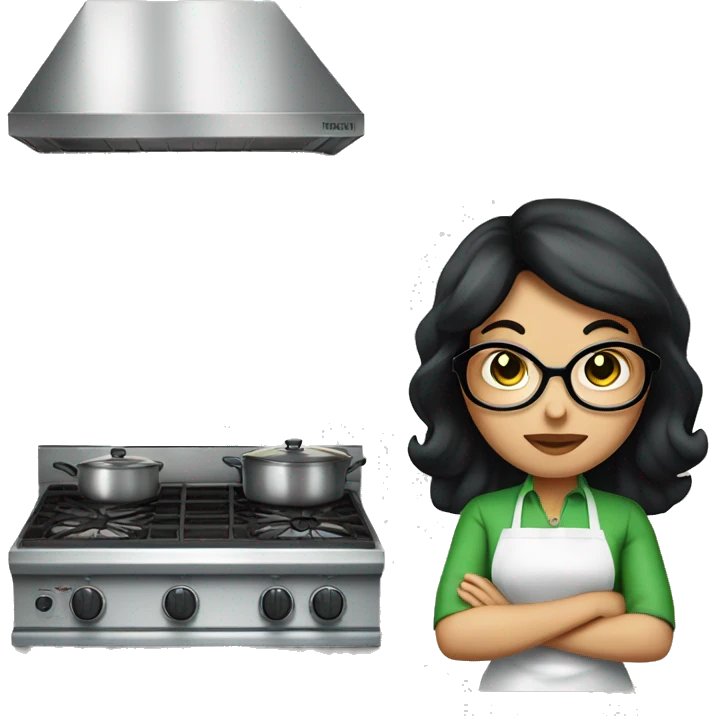 chubby lady with black hair and big eyes green apron  with glasses cooking  emoji