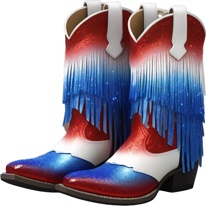 red, white, and blue ombre pair of fashion cowgirl boots with sparkly shiny glitter fringe on them. emoji