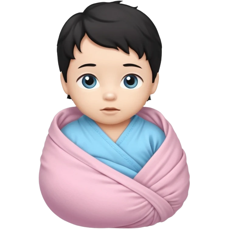 a  asian newborn baby with black wavy hair and blue eyes wrapped in a light pink swaddle emoji