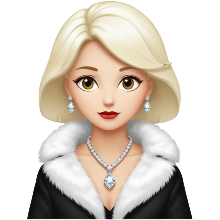 * Character: A stylish lady
* ﻿﻿Clothing: A luxurious white fur coat
* ﻿﻿Accessories: A dazzling diamond necklace
* ﻿﻿Expression: Confident, elegant, maybe slightly glamorous
* ﻿﻿Pose: Head slightly tilted or a poised posture
* ﻿﻿Style: Emoji-like, simple but expressive emoji