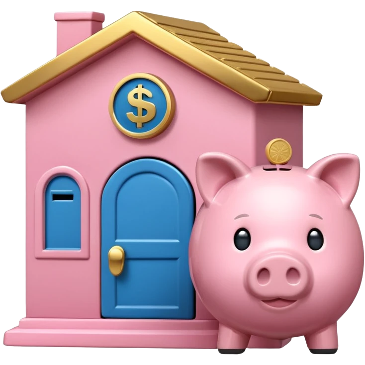 A clean emoji-style icon: A piggy bank with a coin, placed in front of a small bank building. The bank symbolizes company pension and financial security. Rounded forms, flat colors, minimal details like a standard emoji. emoji