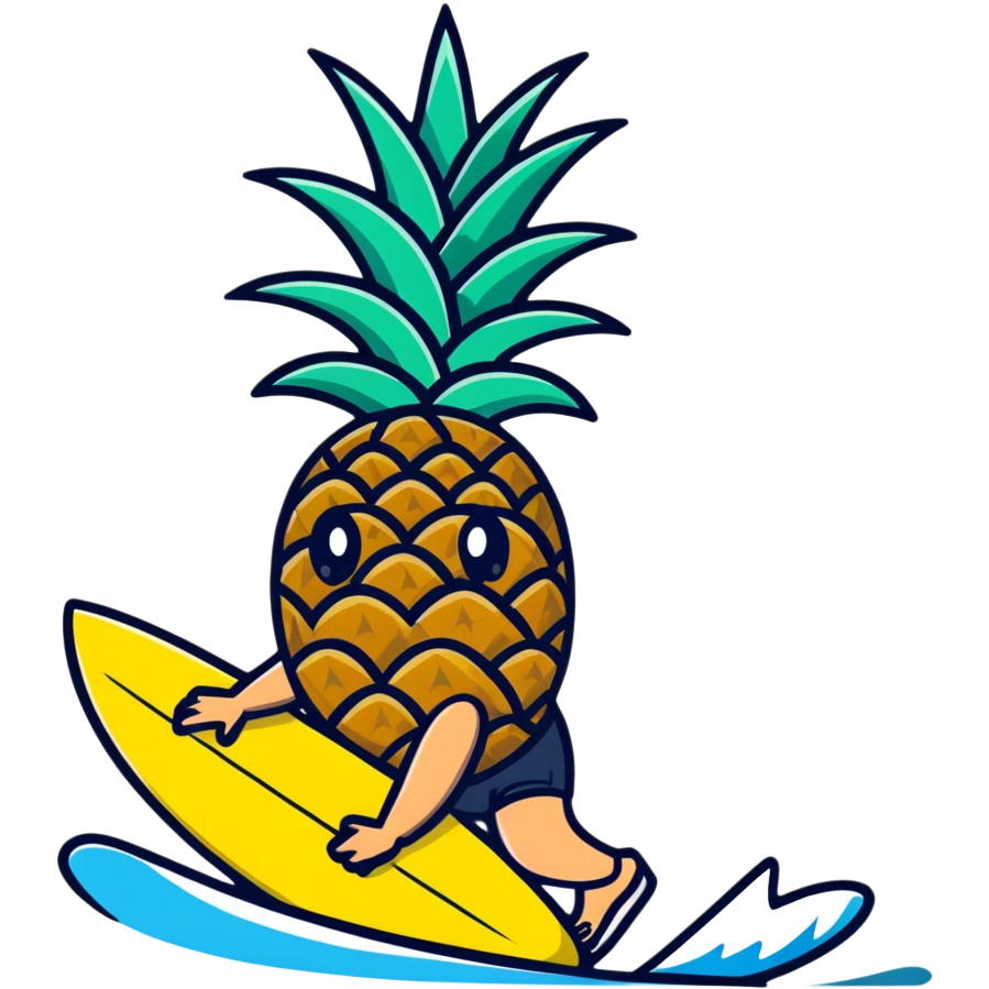 Pineapple riding a surf board emoji