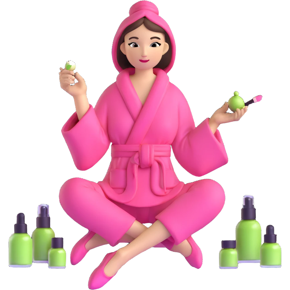 girly girl in pink robe sitting with makeup, perfume, and matcha emoji