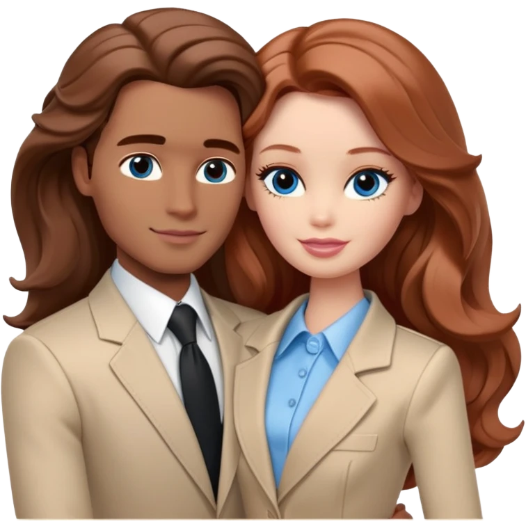Barbie girl  , eyes blue , Chestnut red long wavy hair In pale beige clothes, Hugs a man with brown hair, brown eyes , and a black suit emoji